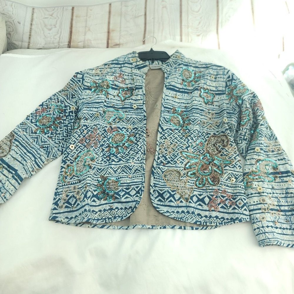 Chico's Womens Blue Geometric Sequin Long Sleeve Open Front Jacket Size 1